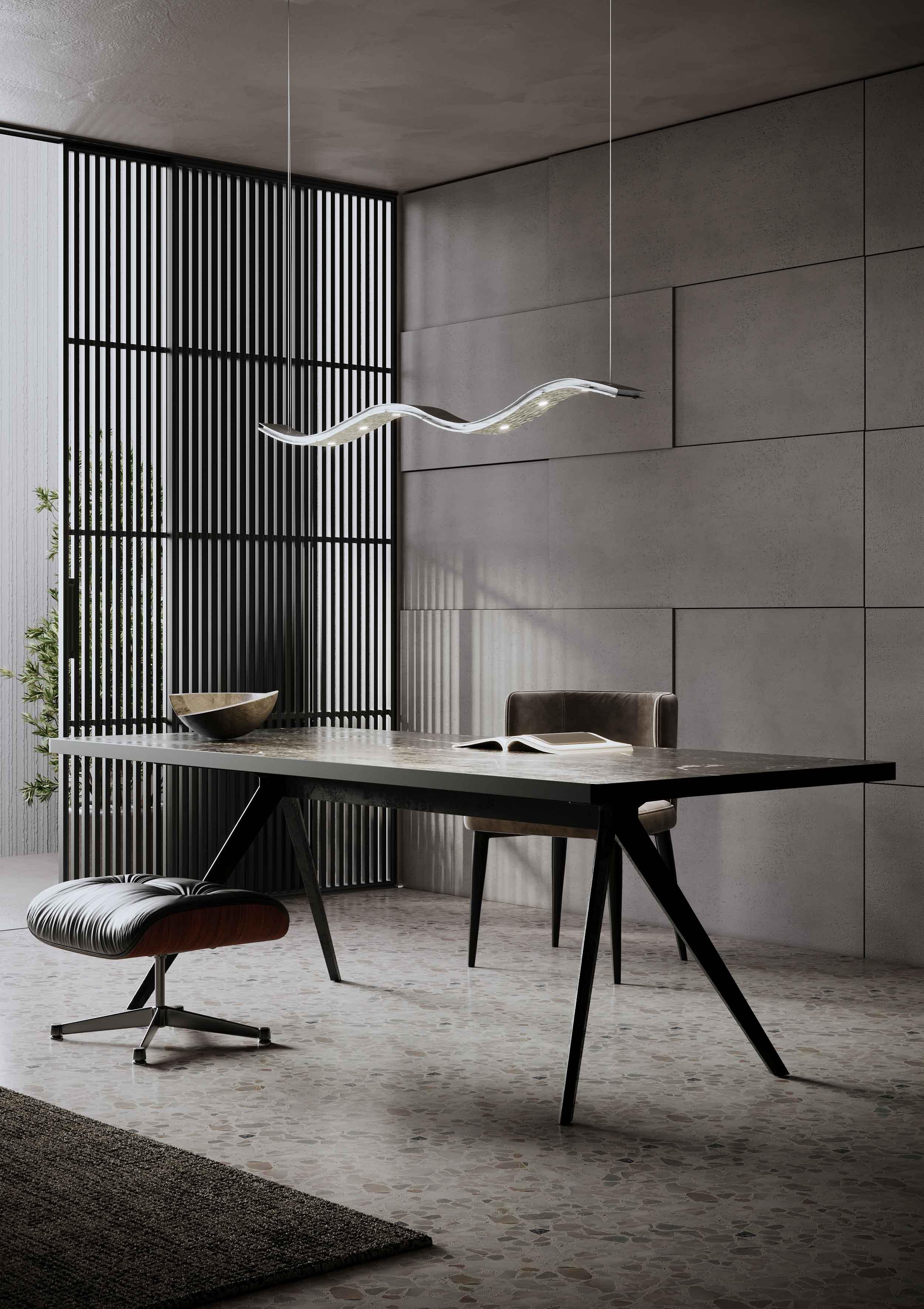 Swing Ceiling Lamp, 21623, by Stillux Illuminazione
Dimensions: D 7 x W 98 x H 2 cm.
Materials: Steel, silver.

Available in gold leaf, silver leaf, or velvet black. Please contact us.

All our lamps can be wired according to each country. If sold