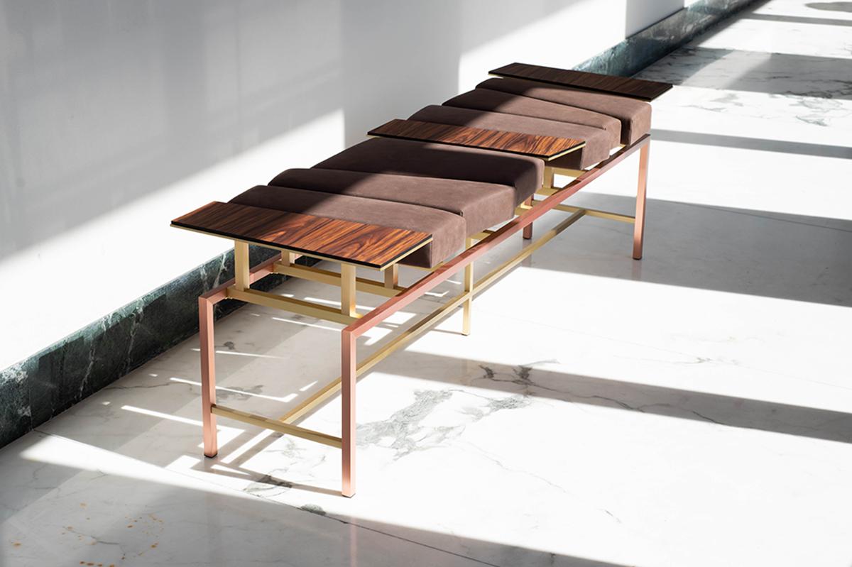 Modern Swing, Copper and Brass Bench with Leather and Rosewood, Used for Exhibition For Sale