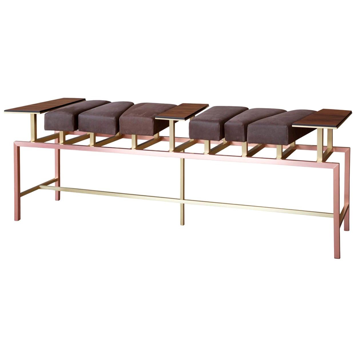 Swing, Copper and Brass Bench with Leather and Rosewood, Used for Exhibition For Sale