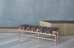 Swing, Copper and Brass Contemporary Bench with Nubuck Leather and Rosewood