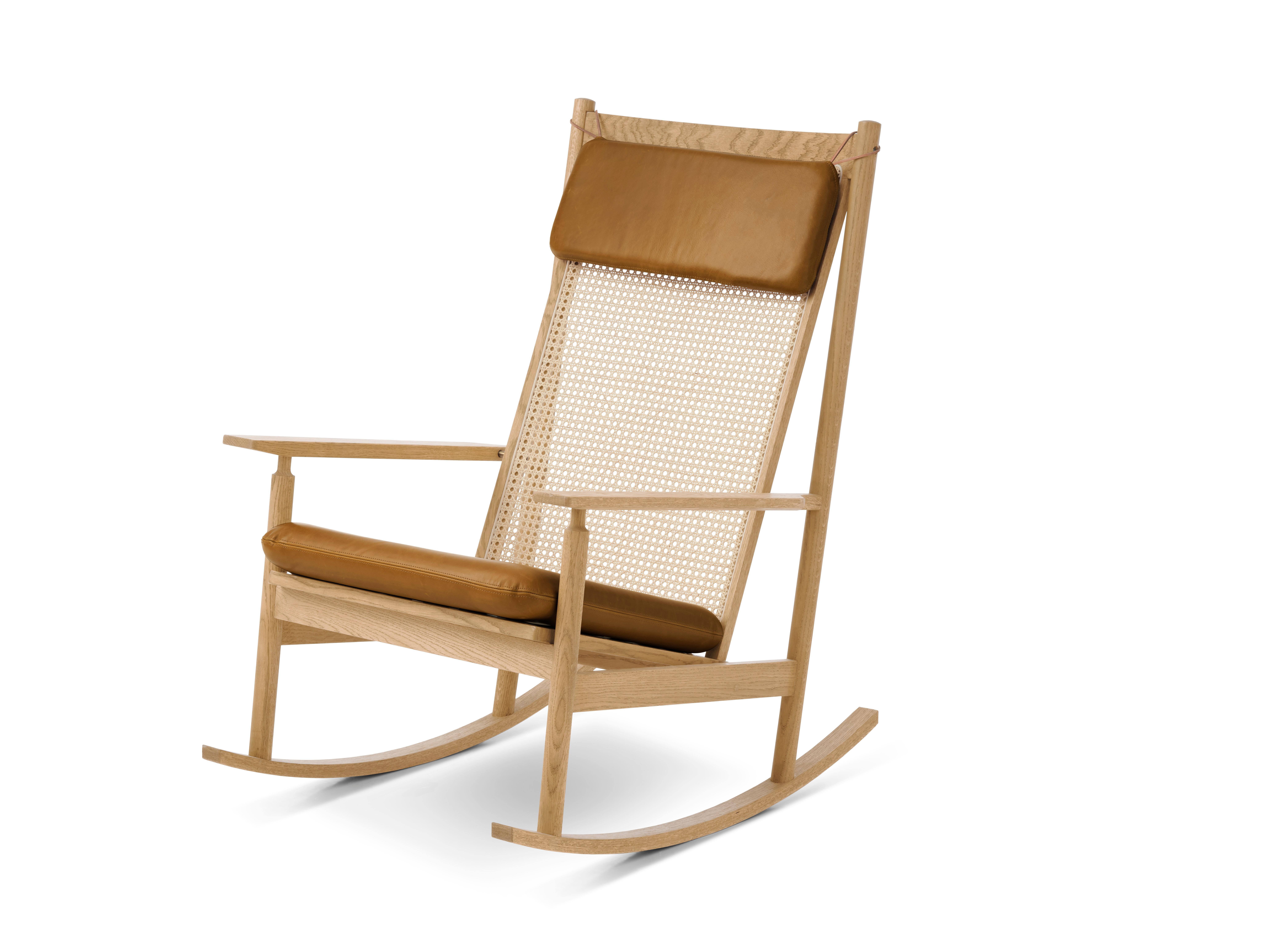 Modern Swing Rocking Chair in Oak, by Hans Olsen from Warm Nordic Upholstery Cognac Nev For Sale