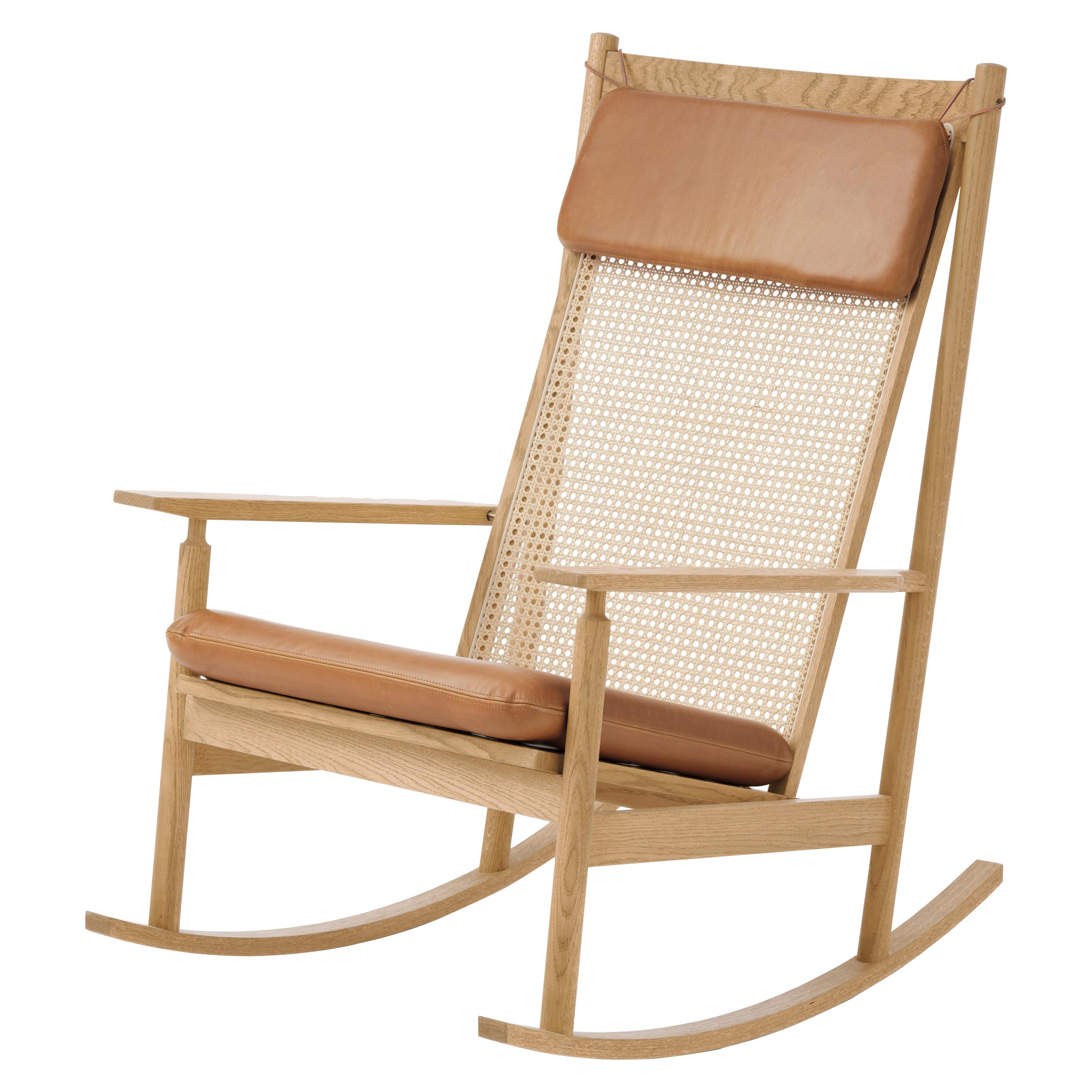 Swing Rocking Chair in Oak, by Hans Olsen from Warm Nordic Upholstery Camel Silk For Sale