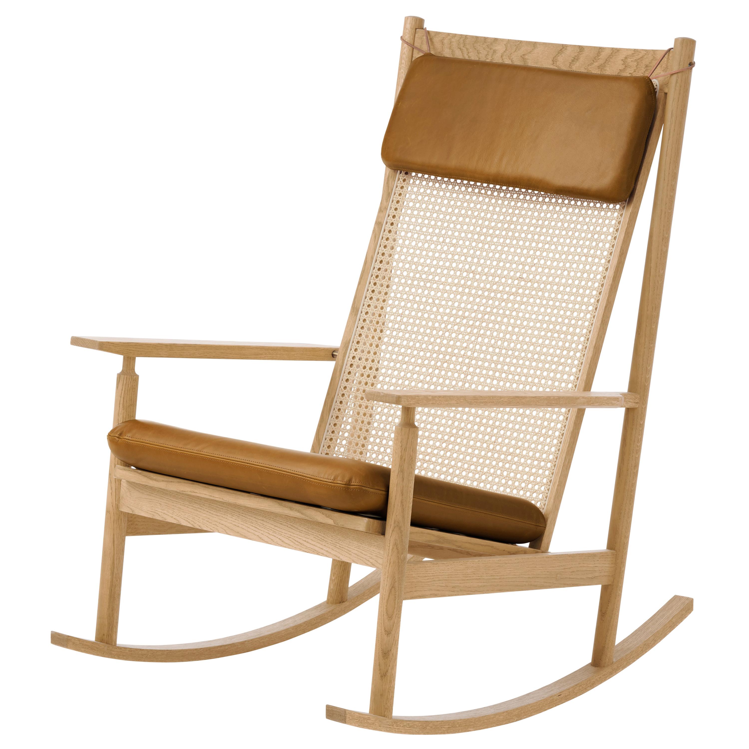 Swing Rocking Chair in Oak, by Hans Olsen from Warm Nordic Upholstery Cognac Nev