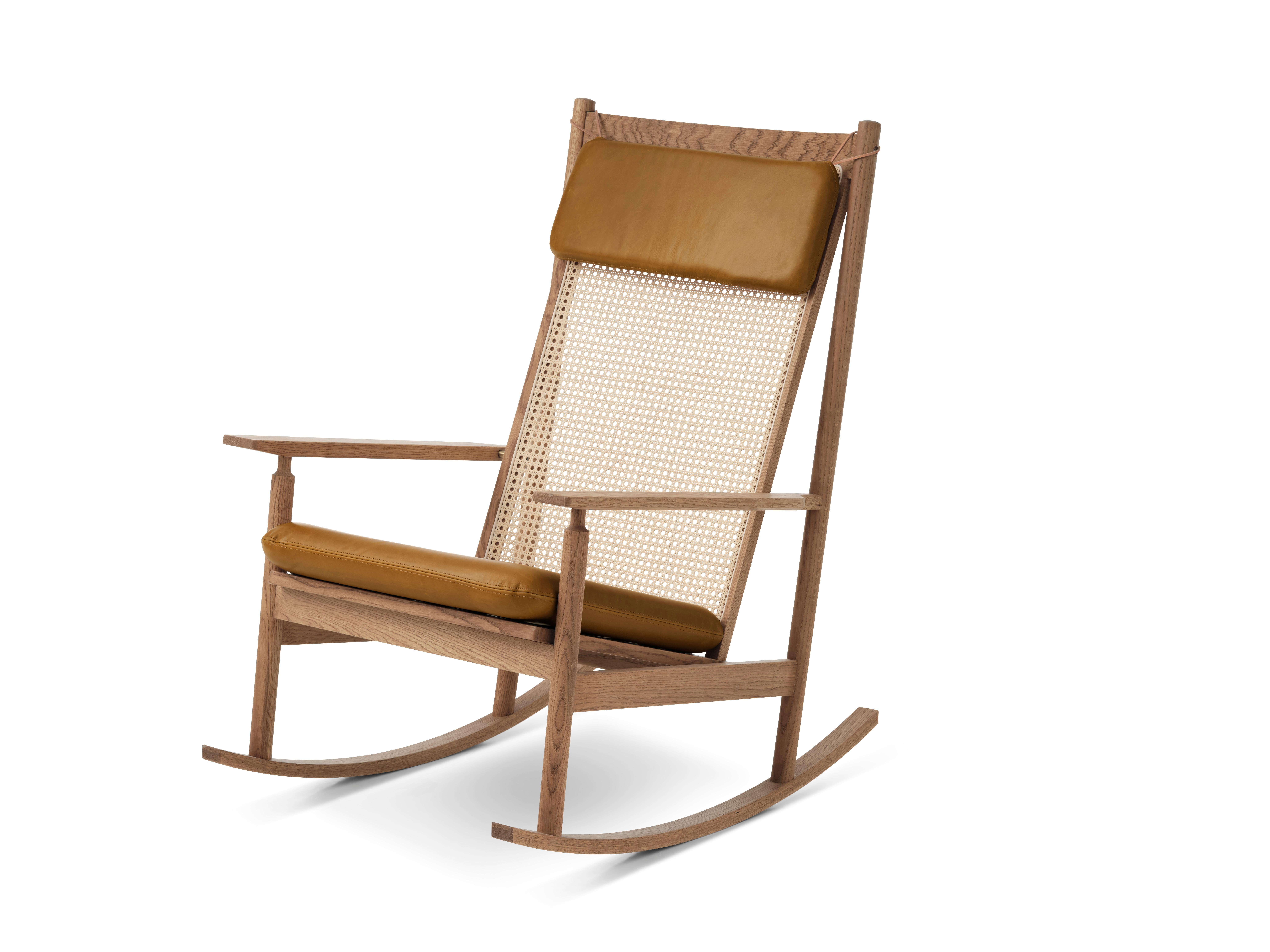 Modern Swing Rocking Chair in Teak, by Hans Olsen from Warm Nordic Cognac Upholstery Ne For Sale