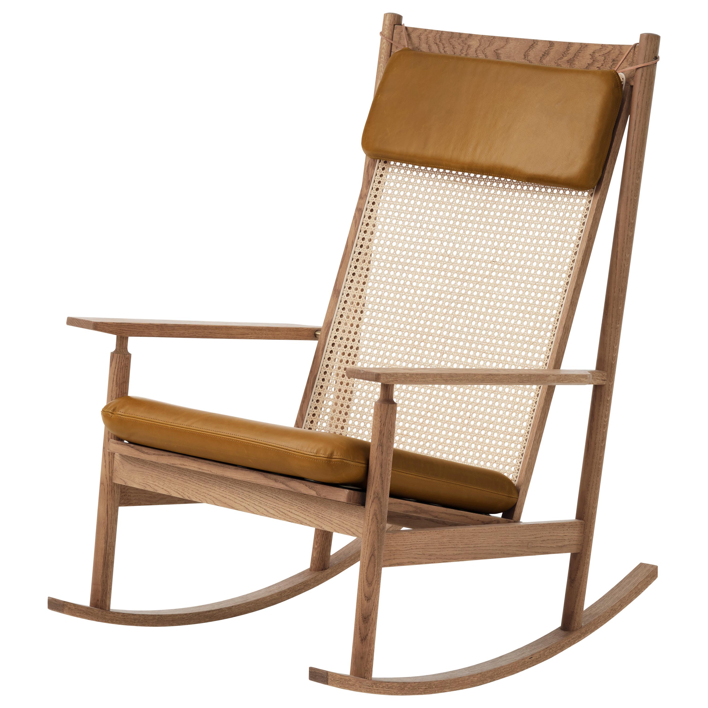 Swing Rocking Chair in Teak, by Hans Olsen from Warm Nordic Cognac Upholstery Ne For Sale