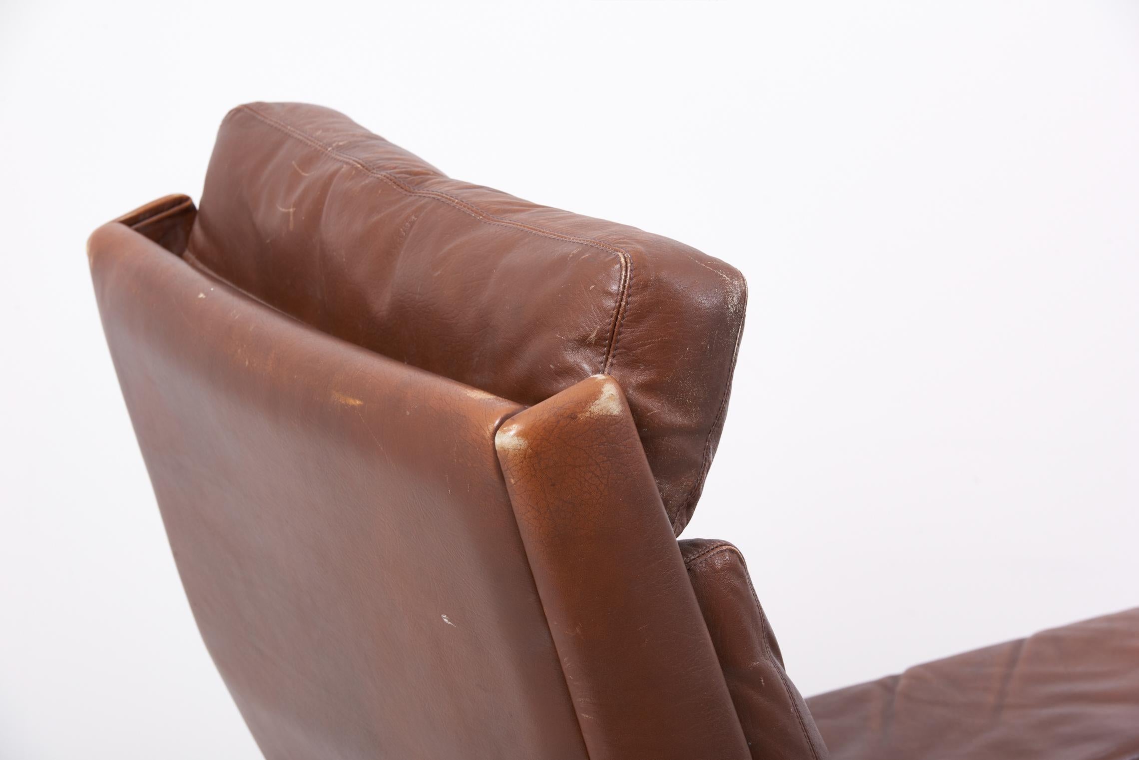 German Swing Slipper Brown Leather Lounge Chair by Reinhold Adolf for Cor, 1960s