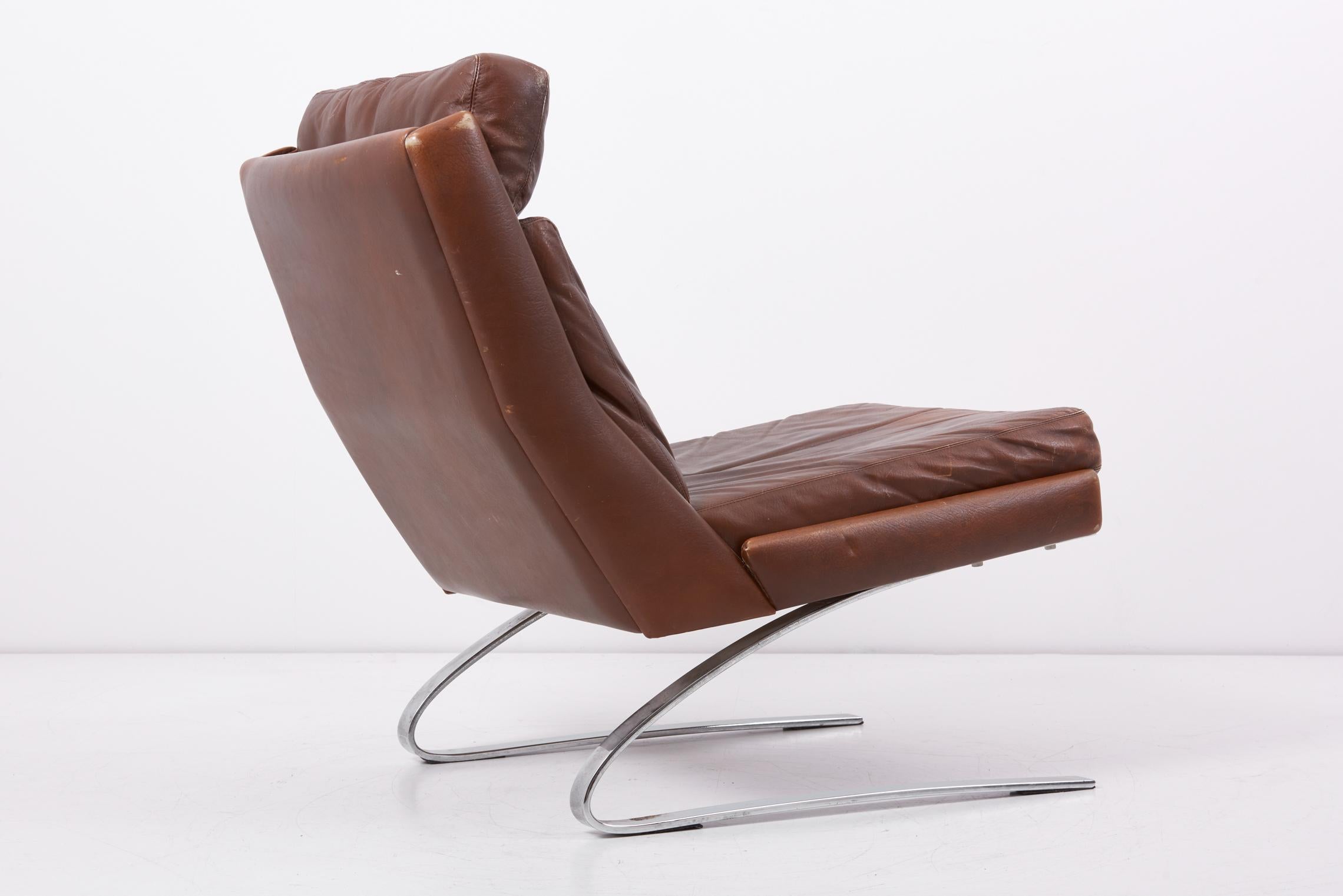 Swing Slipper Brown Leather Lounge Chair by Reinhold Adolf for Cor, 1960s In Fair Condition In Berlin, DE