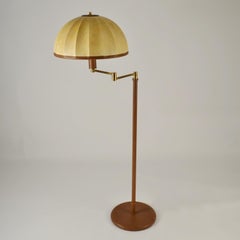 Swingarm 1960's Floor Lamp with Dome Shade in Parchment Leather and  Brass