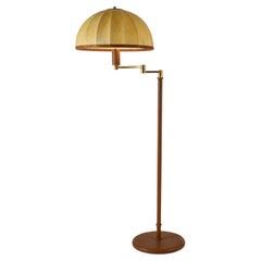 Swingarm 1960's Floor Lamp with Dome Shade in Parchment Leather and  Brass