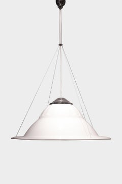 Swinging lamp in enamelled metal with steel cables, Italy, 1940.