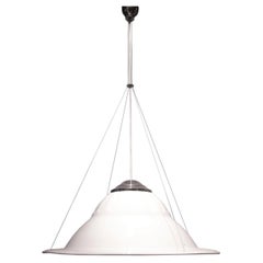 Swinging lamp in enamelled metal with steel cables, Italy, 1940.