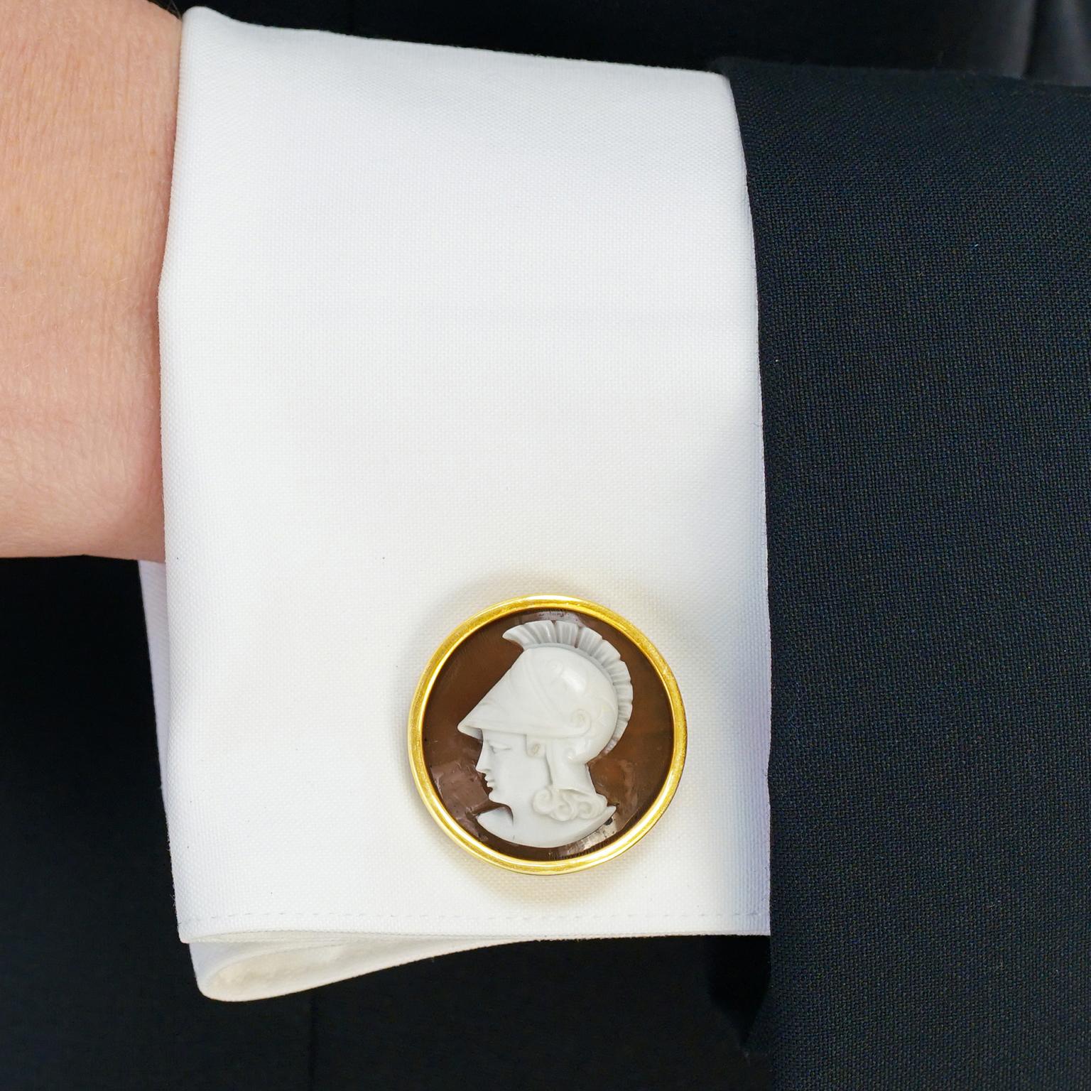 Circa 1960s, 14k, American. Decorated with classical motif cameos, these huge 14k gold cufflinks will compliment your velvet paisley smoking jacket perfectly! Fabulously oversized with beautifully carved left and right cameos, they are well made and