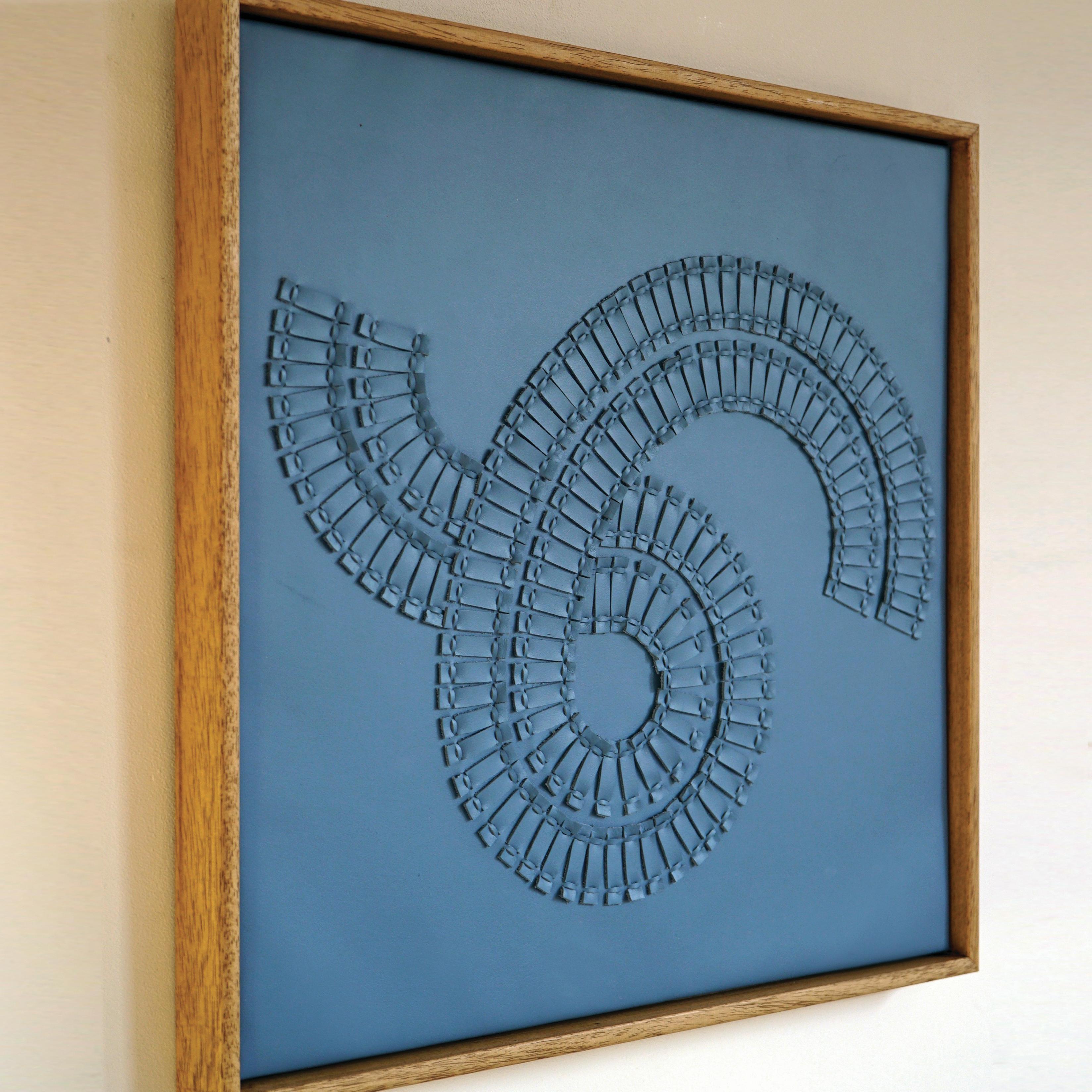 Modern Swirl. A piece of 3D Sculptural Blue Leather Wall Art For Sale