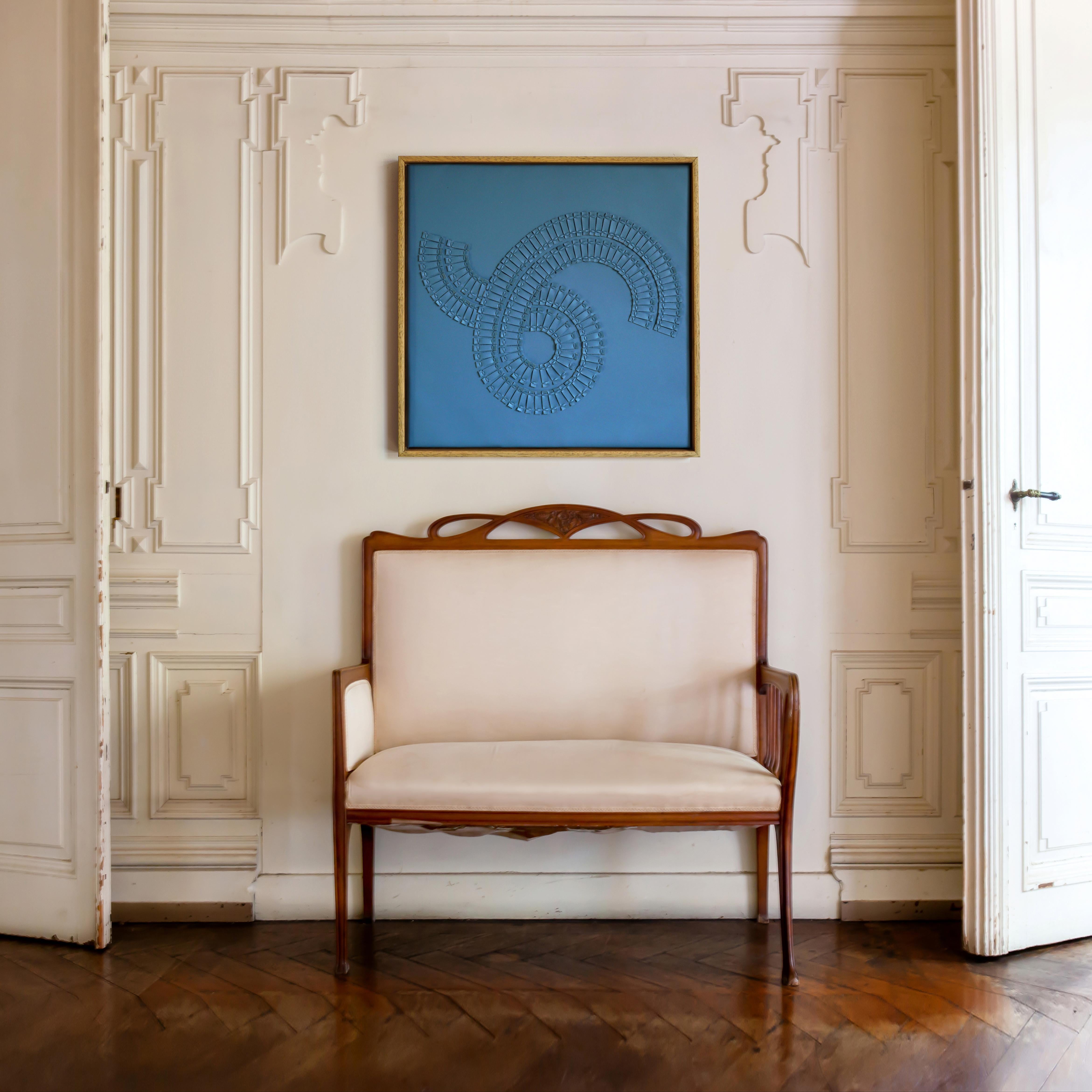 Hand-Crafted Swirl. A piece of 3D Sculptural Blue Leather Wall Art For Sale