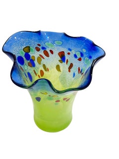 Swirl Art Glass Murano Handkerchief Vase Green Blue Multi Color, Modern, 1980s