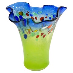 Swirl Art Glass Murano Handkerchief Vase Green Blue Multi Color, Modern, 1980s