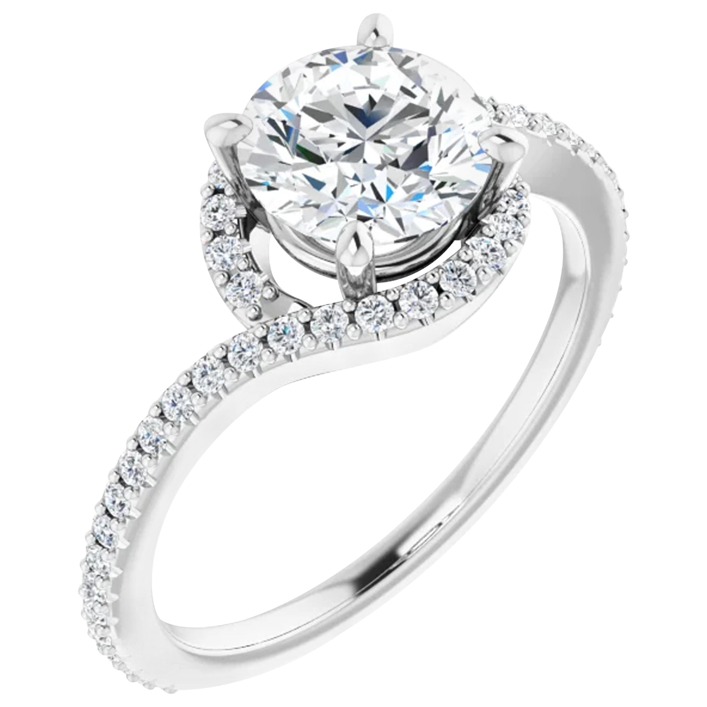 Swirl Bypass Halo GIA Round Brilliant White Diamond Engagement Ring 1.27 Carats For Sale