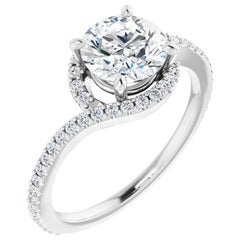 Swirl Bypass Halo GIA Round Brilliant White Diamond Engagement Ring 1.27 Carats