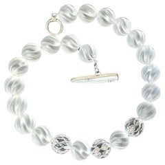Swirl-Carved Frosted Rock Crystal Bead Necklace, Mother-of-Pearl Clasp