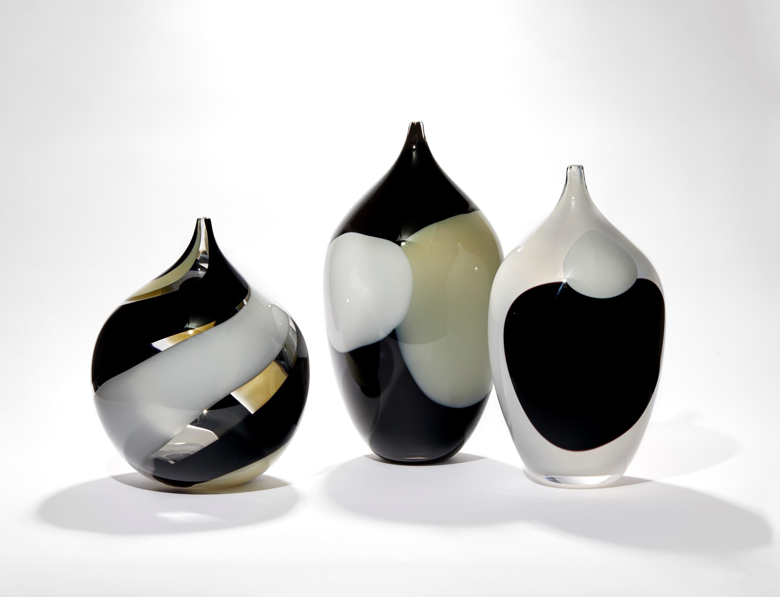 Organic Modern Swirl, Clear, Black, Soft Amber & White Hand Blown Glass Vessel by Gunnel Sahlin
