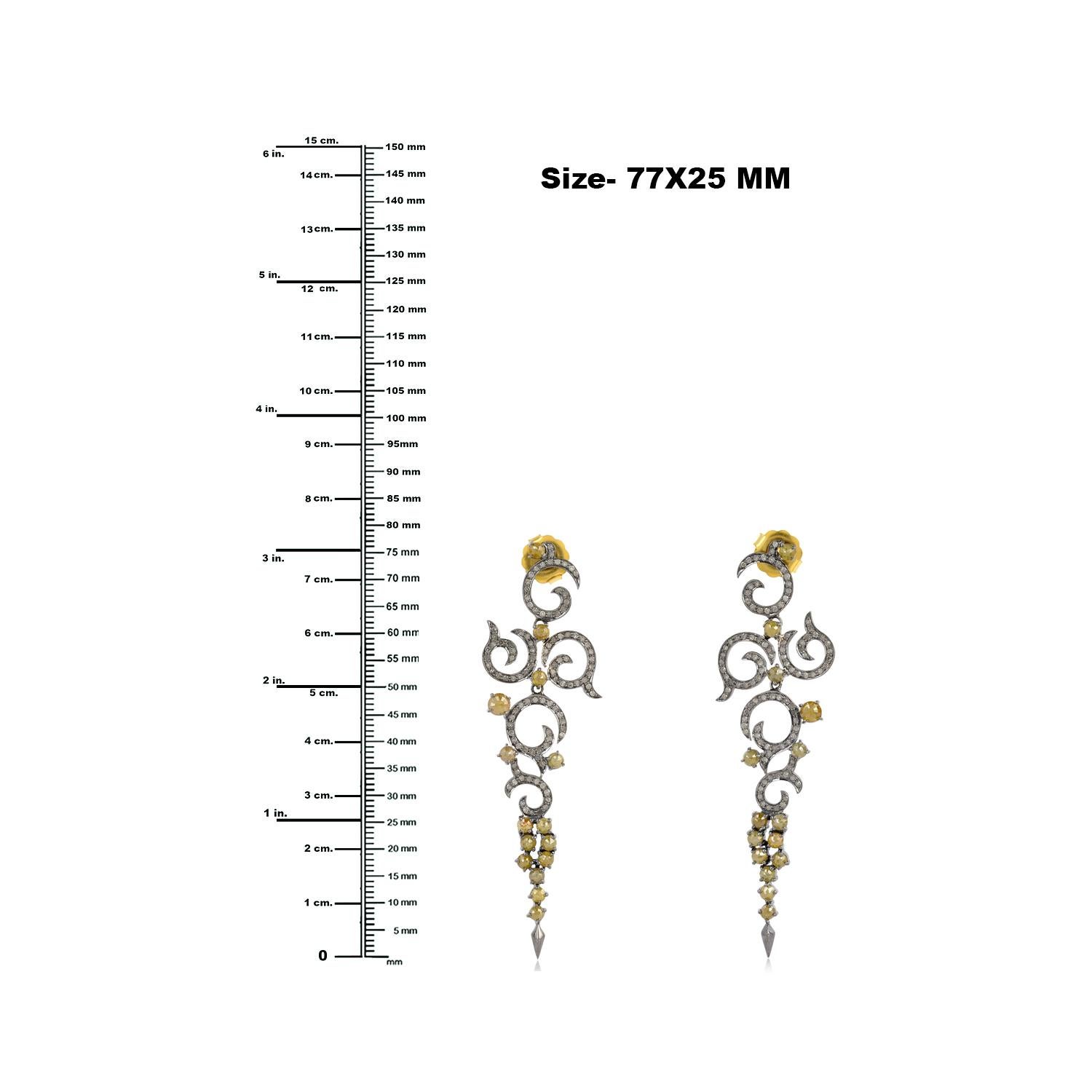 Artisan Swirl Design Dangle Earrings with Pave Diamonds Made in 18k Gold & Silver For Sale