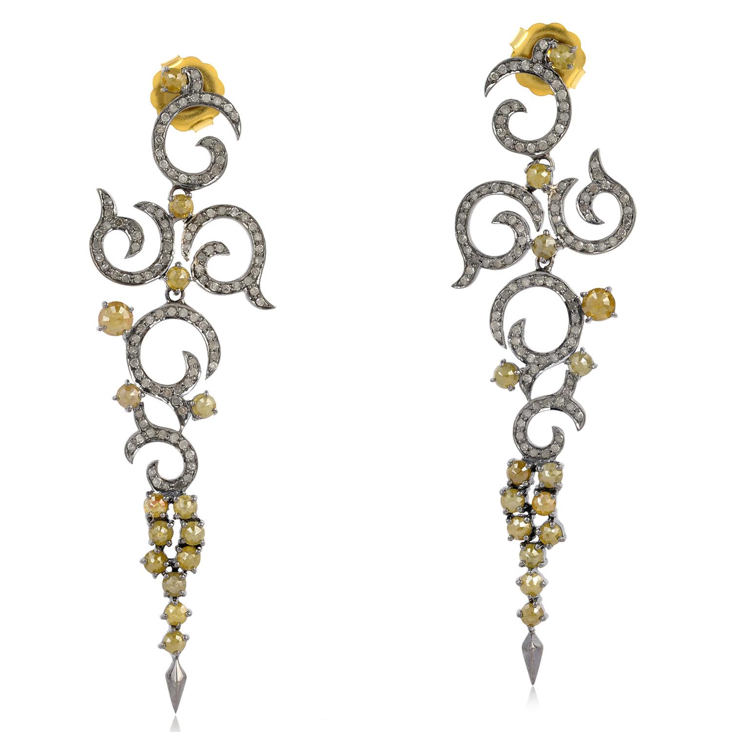 Mixed Cut Swirl Design Dangle Earrings with Pave Diamonds Made in 18k Gold & Silver For Sale
