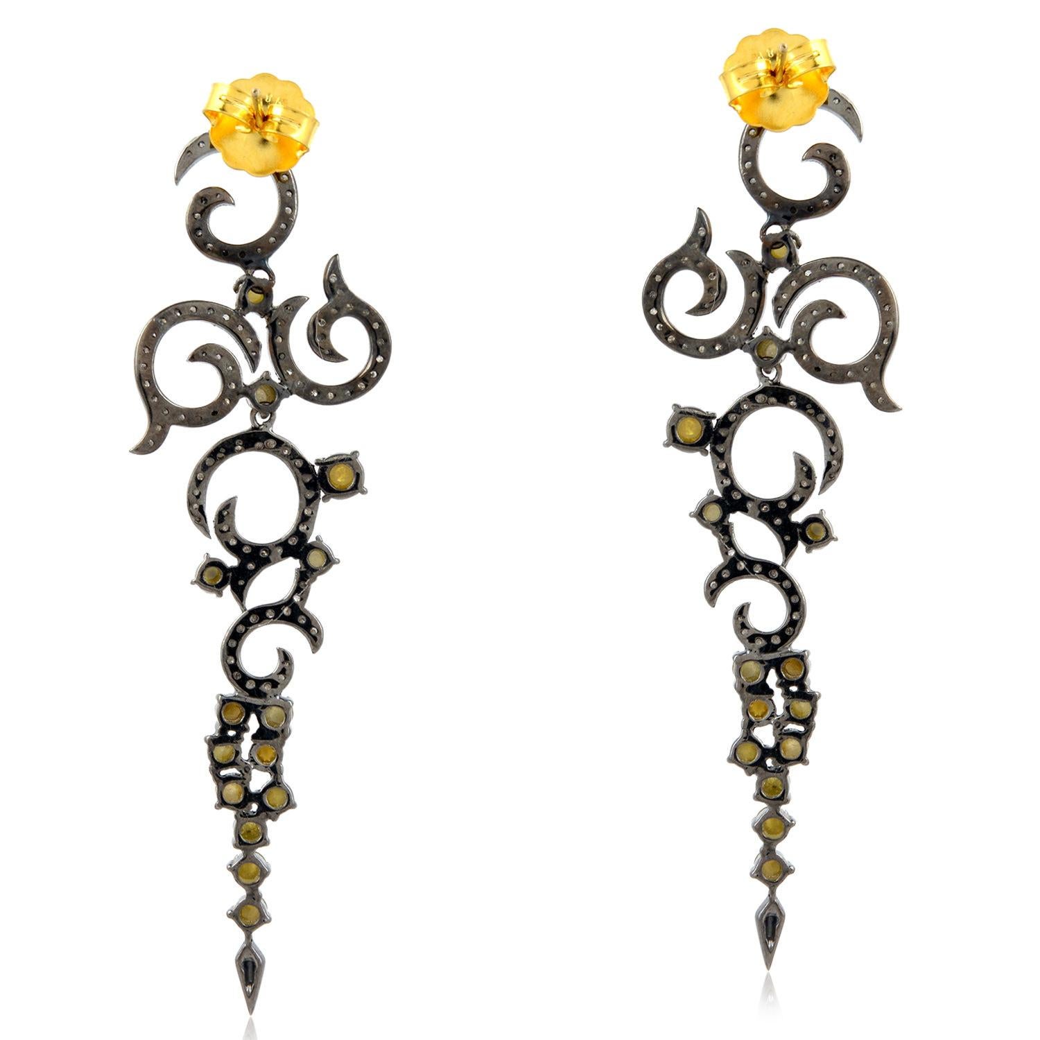 Swirl Design Dangle Earrings with Pave Diamonds Made in 18k Gold & Silver In New Condition For Sale In New York, NY