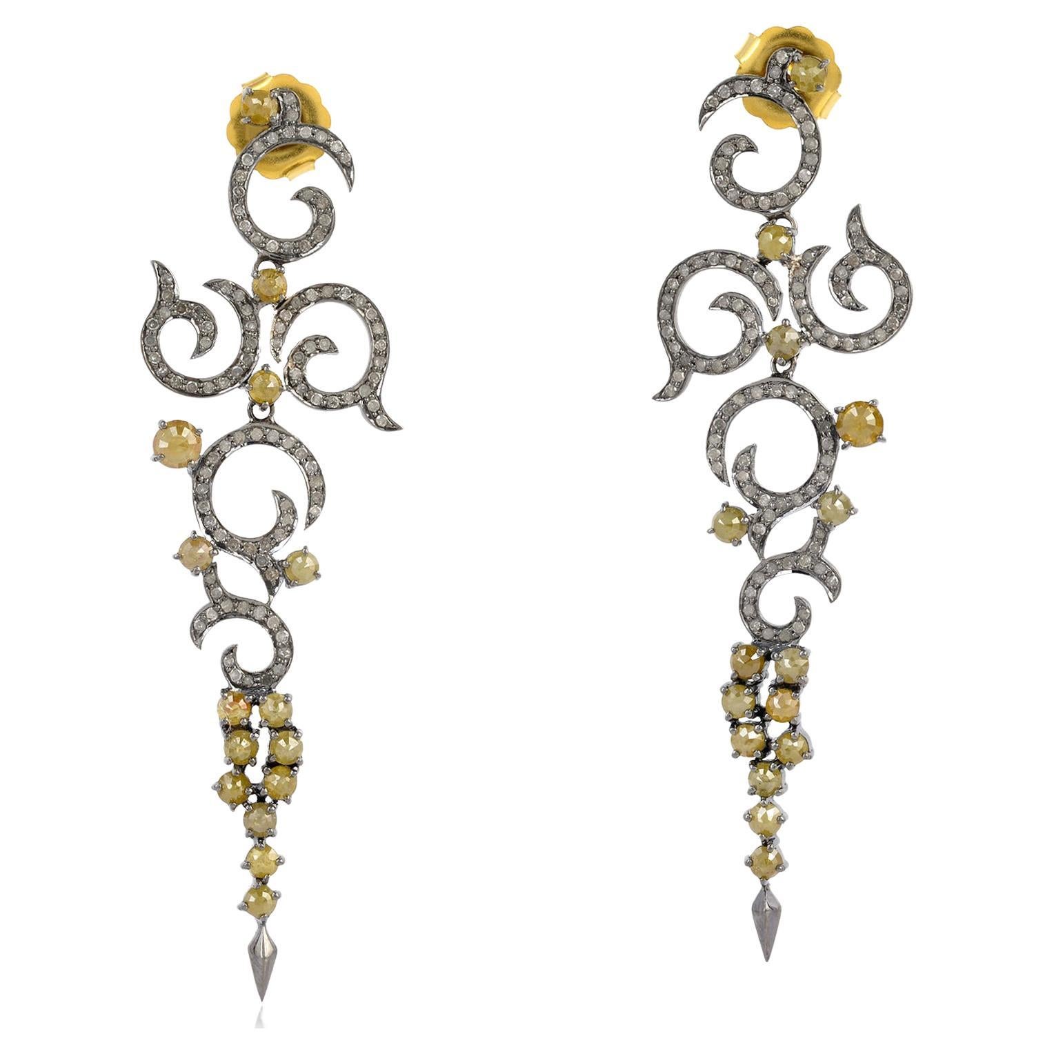 Swirl Design Dangle Earrings with Pave Diamonds Made in 18k Gold & Silver For Sale