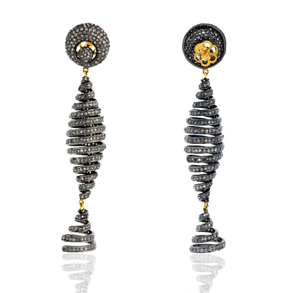 Artisan Swirl Design Earrings Accented with Pave Diamonds Made in 14k Gold & Silver For Sale