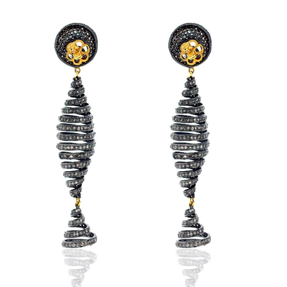 Artisan Swirl Design Earrings Accented with Pave Diamonds Made in 14k Gold & Silver For Sale