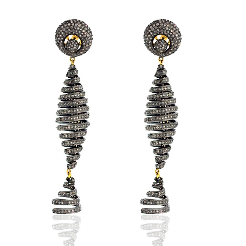Mixed Cut Swirl Design Earrings Accented with Pave Diamonds Made in 14k Gold & Silver For Sale