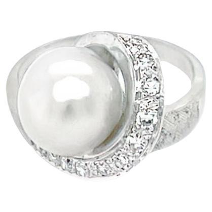 Swirl Diamond and Baroque Akoya Pearl Ring in 14k White Gold For Sale