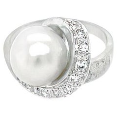 Swirl Diamond and Baroque Akoya Pearl Ring in 14k White Gold