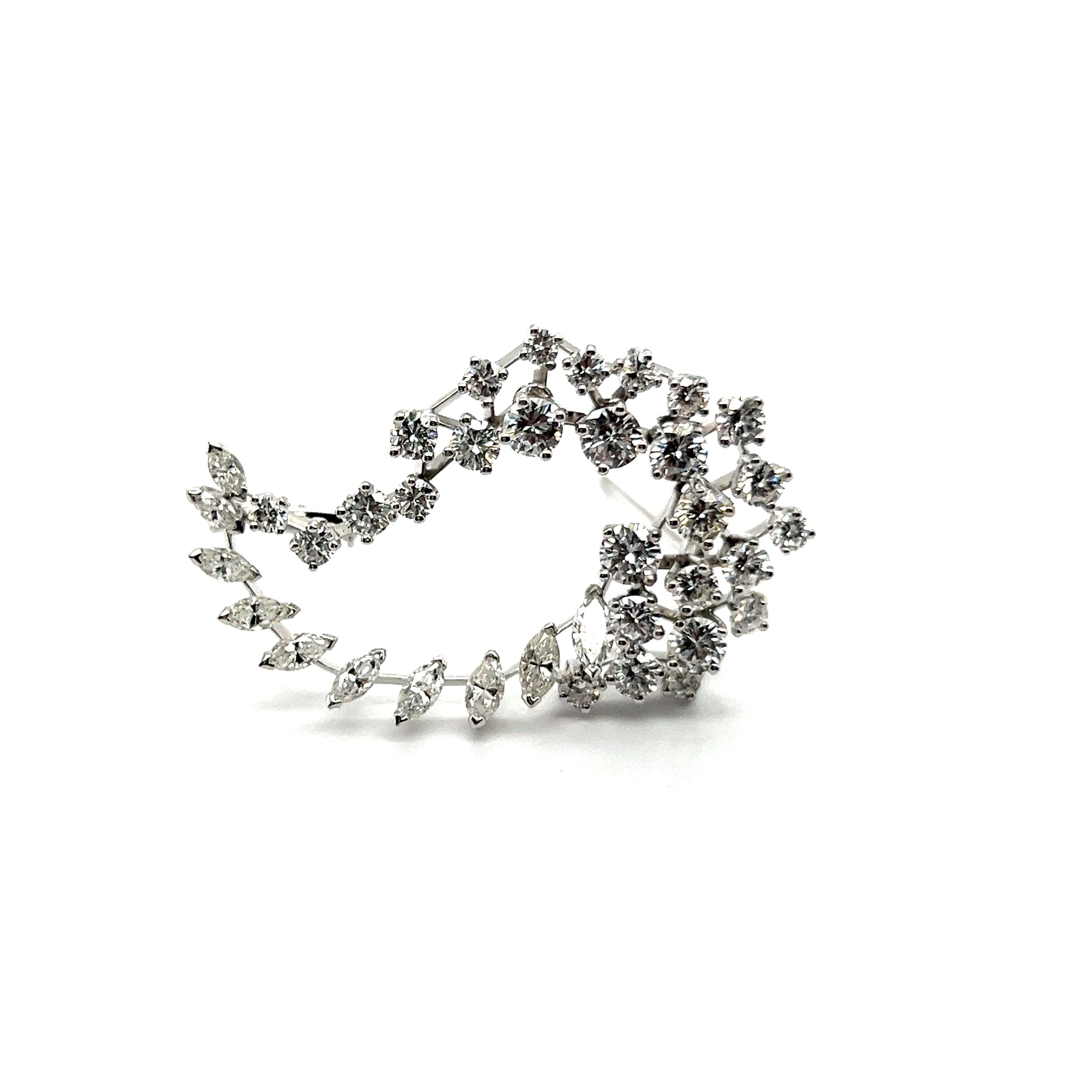 Modern Swirl Diamond Brooch in 18 Karat White Gold For Sale