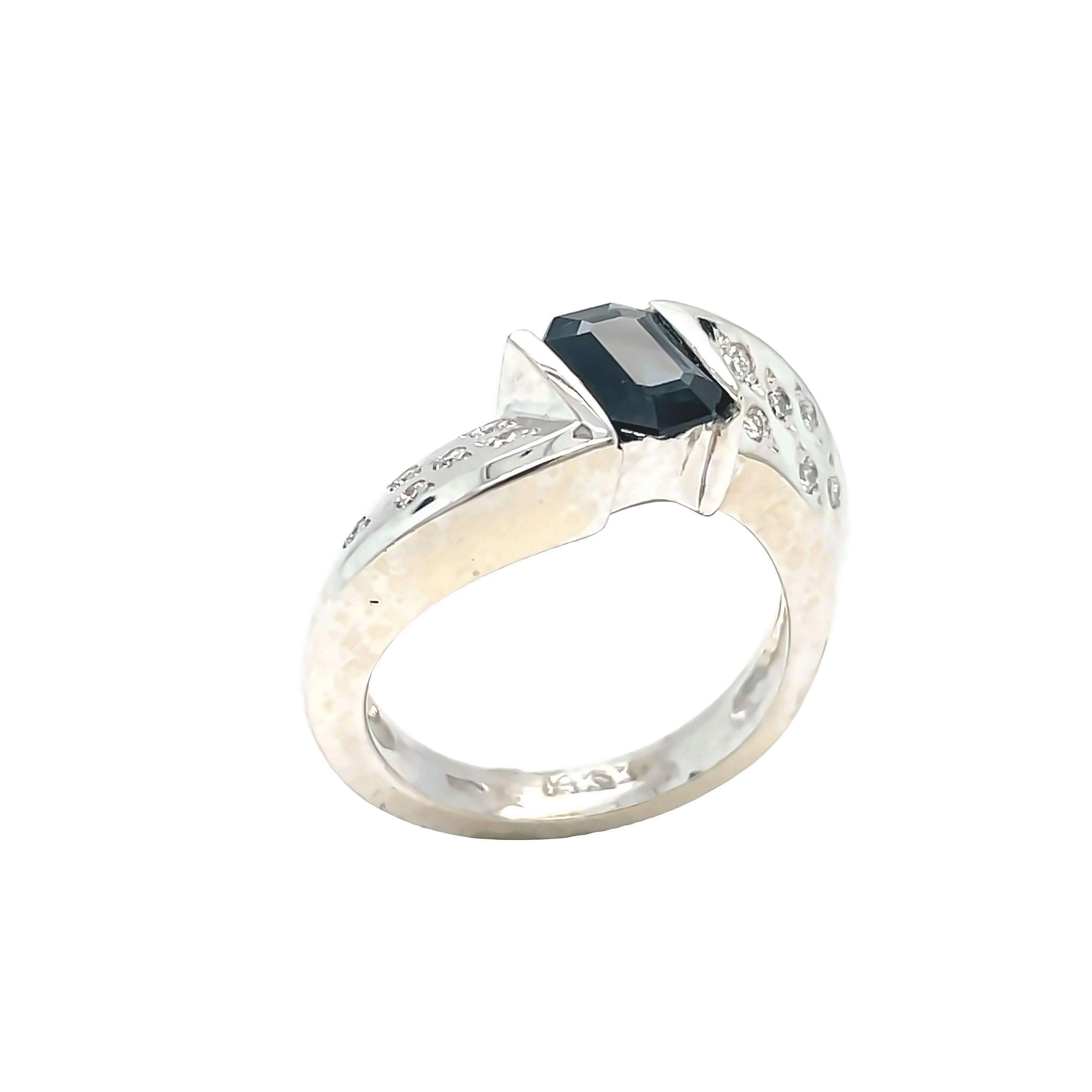 Contemporary Emerald Cut Sapphire and Diamond Curved Band Ring 14k White Gold For Sale