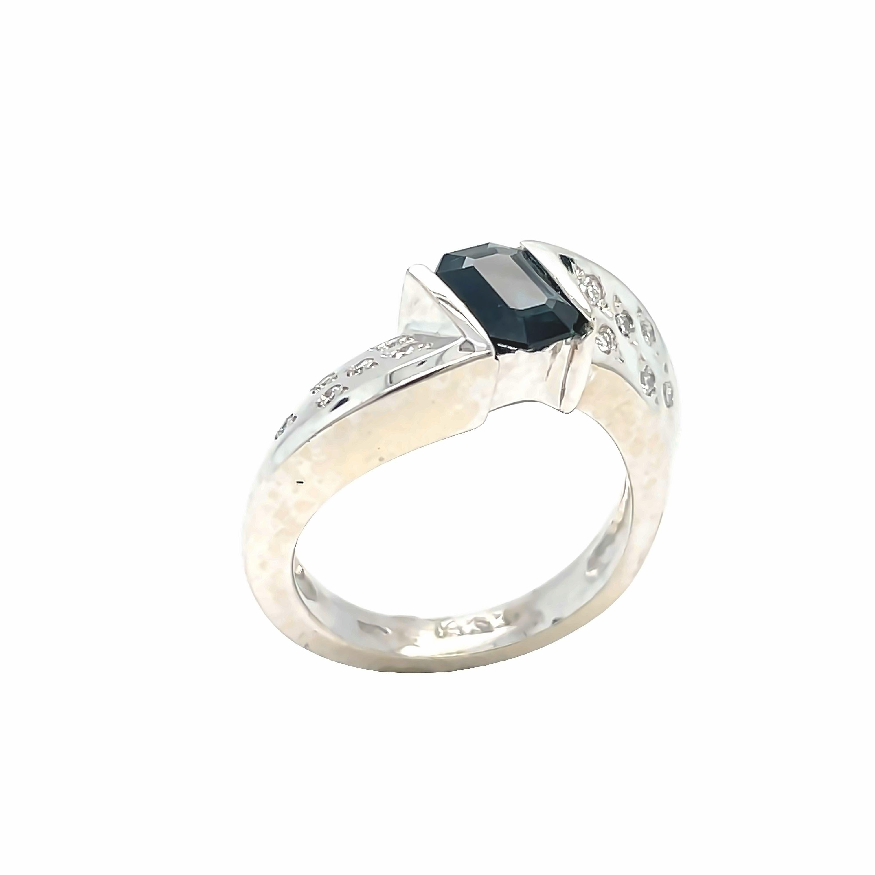 Contemporary Emerald Cut Sapphire and Diamond Swirl Ring 14k White Gold For Sale