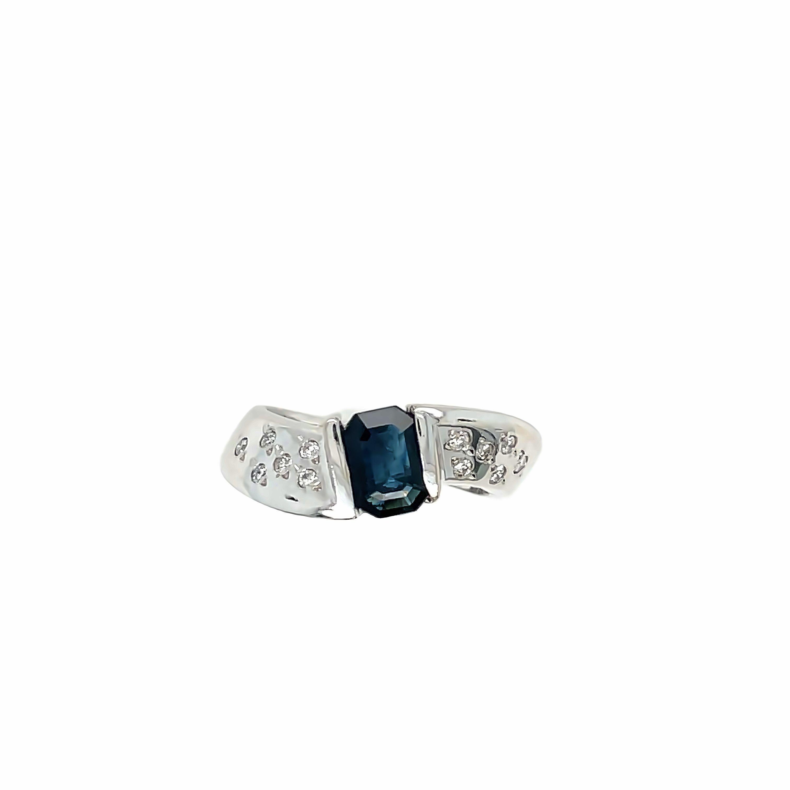 Emerald Cut Sapphire and Diamond Swirl Ring 14k White Gold For Sale 2