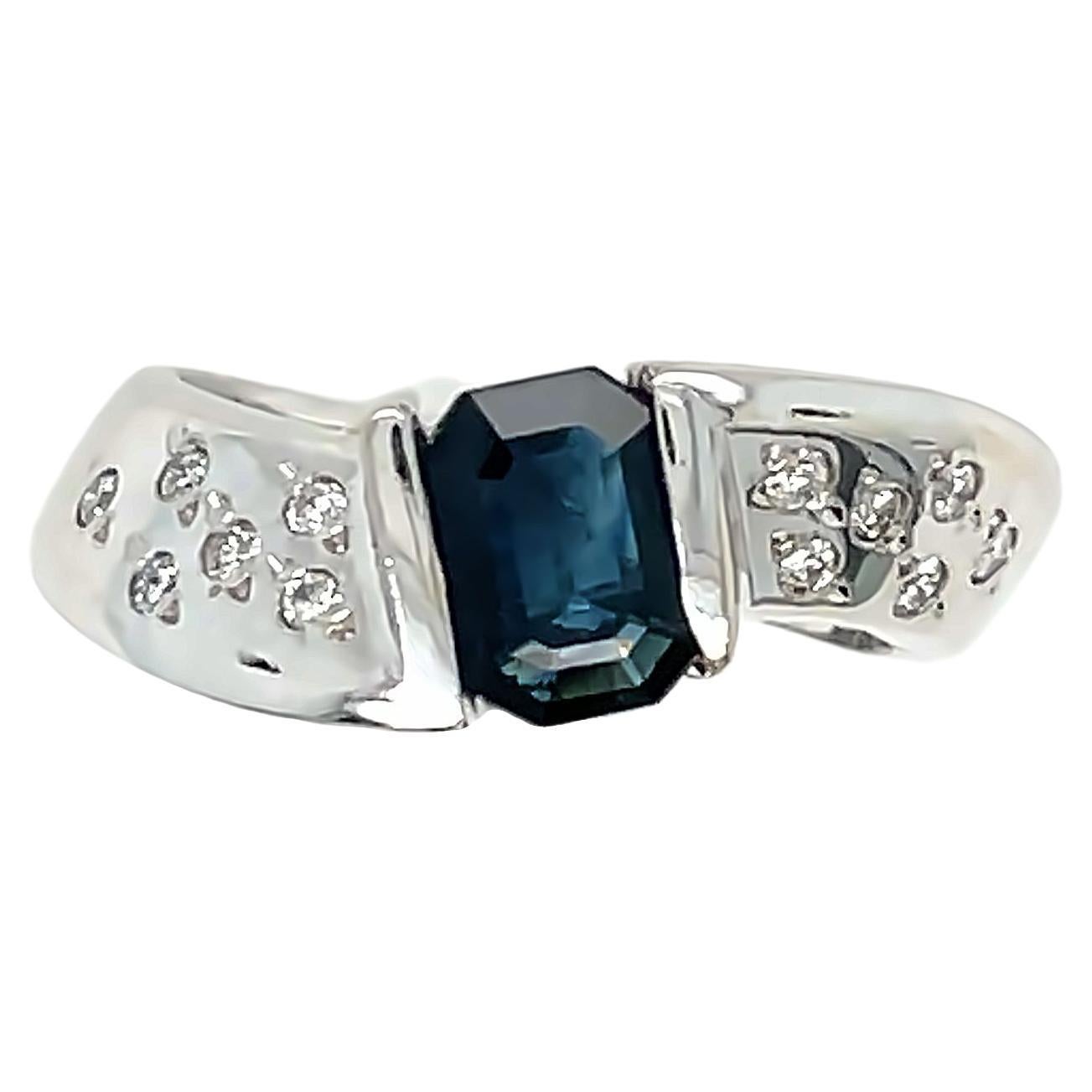 Emerald Cut Sapphire and Diamond Swirl Ring 14k White Gold For Sale