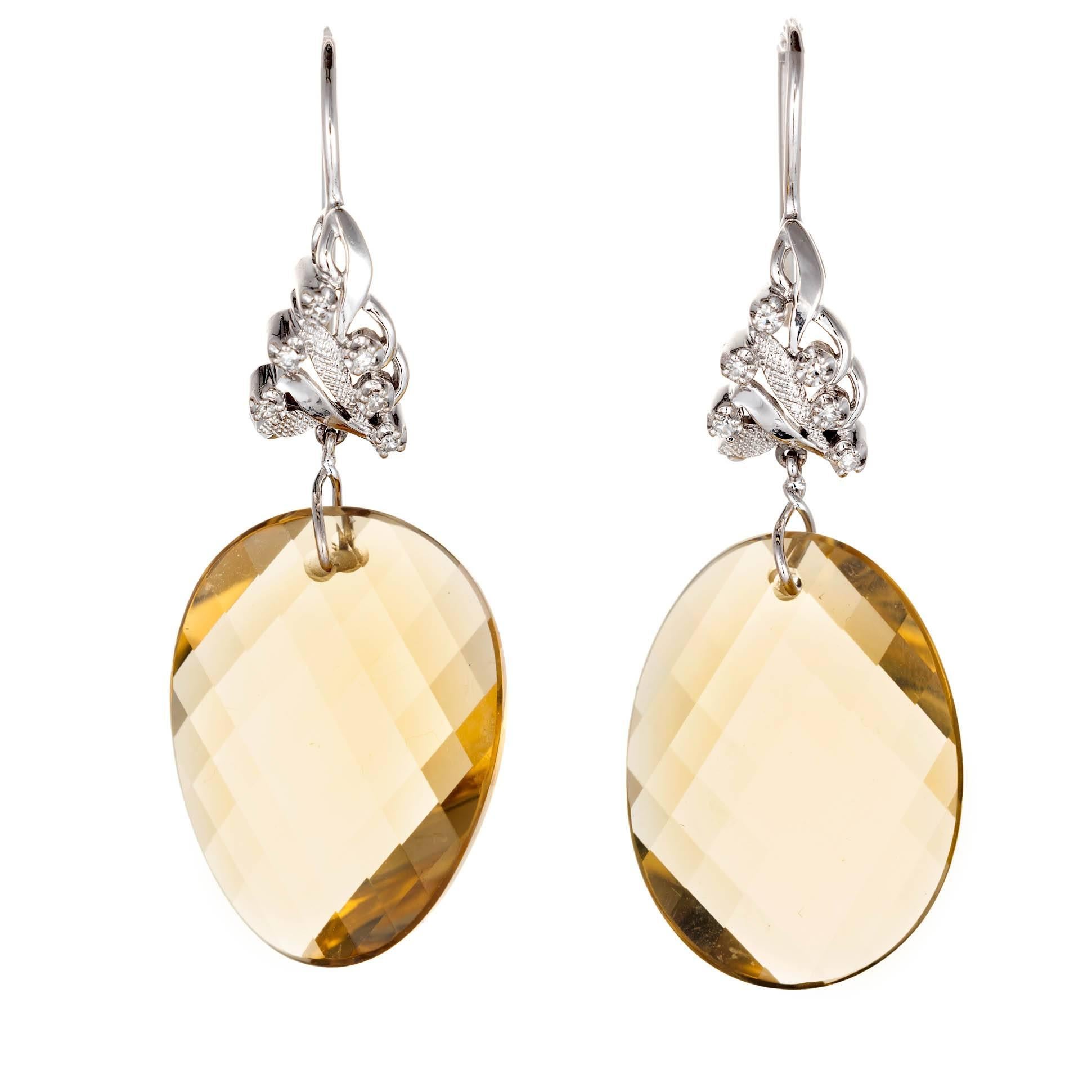 43.00 Carat Swirl Faceted Natural Lemon Quartz Diamond Gold Dangle Earrings