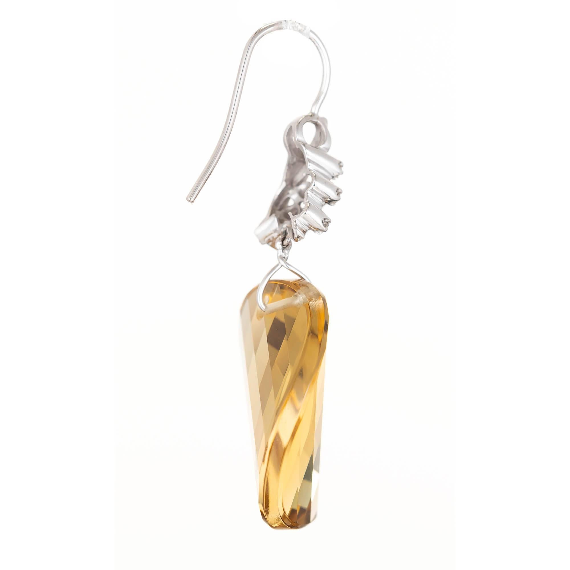 Modern 43.00 Carat Swirl Faceted Natural Lemon Quartz Diamond Gold Dangle Earrings For Sale