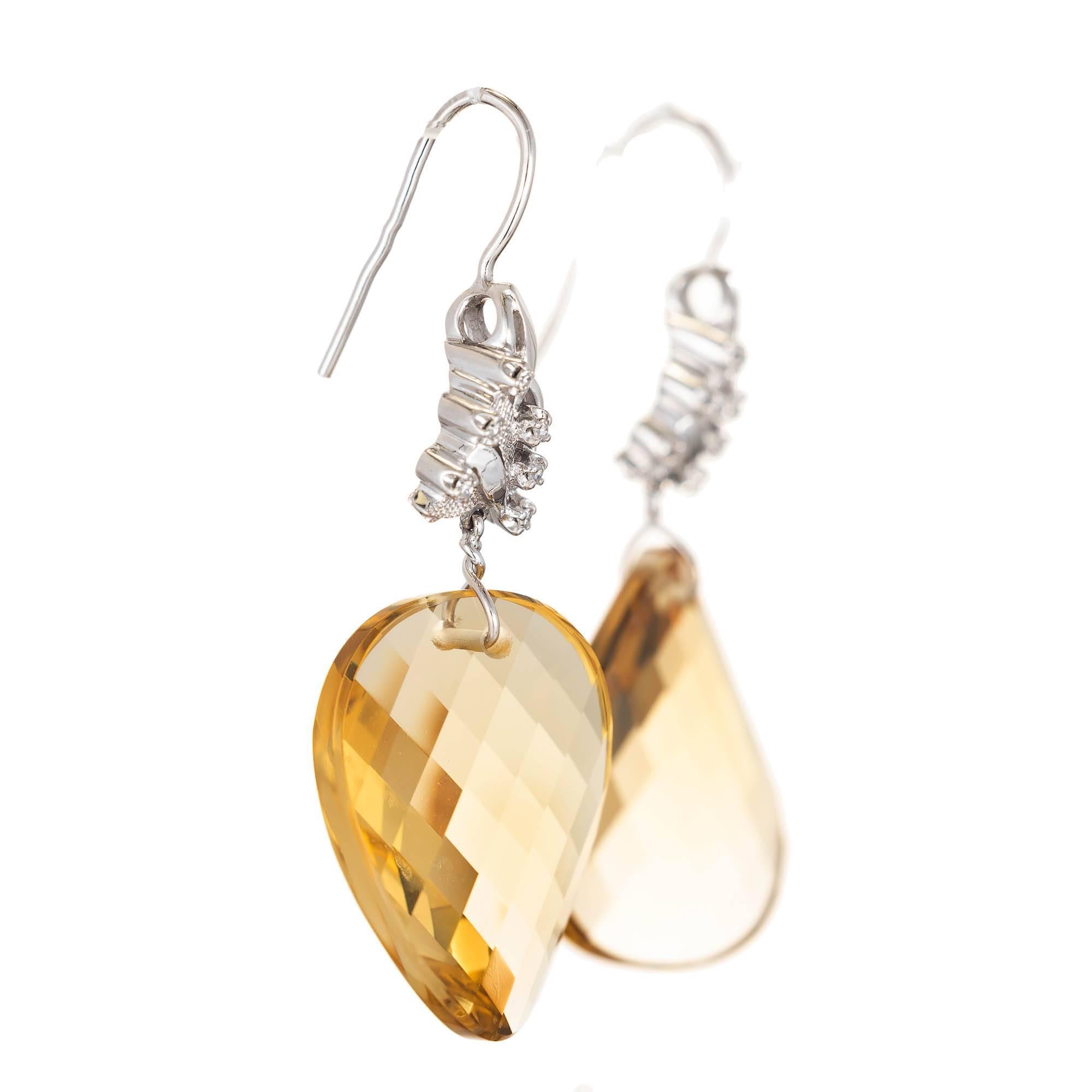 Round Cut 43.00 Carat Swirl Faceted Natural Lemon Quartz Diamond Gold Dangle Earrings For Sale