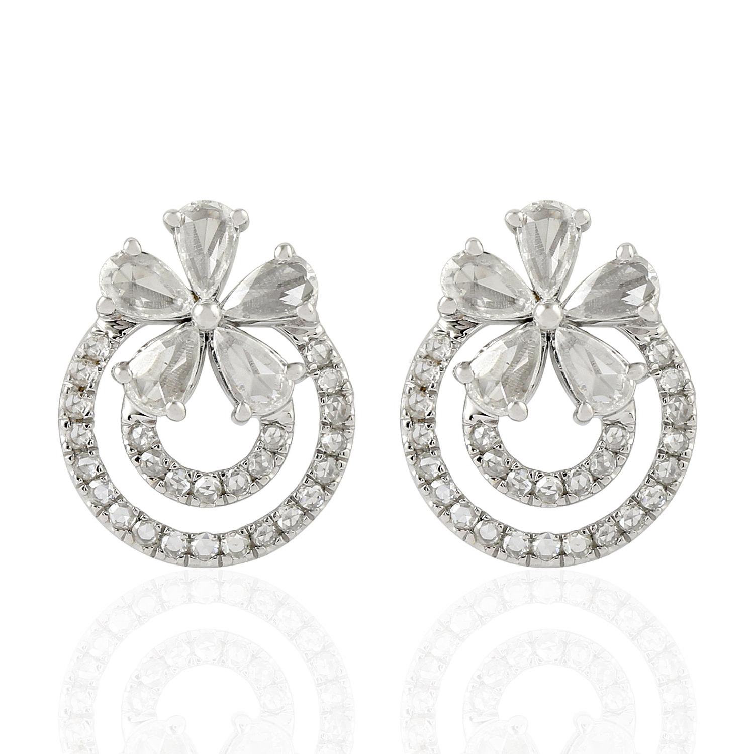 Mixed Cut Swirl & Flower Rose Cut Diamonds Stud Earrings Made In 18k White Gold
