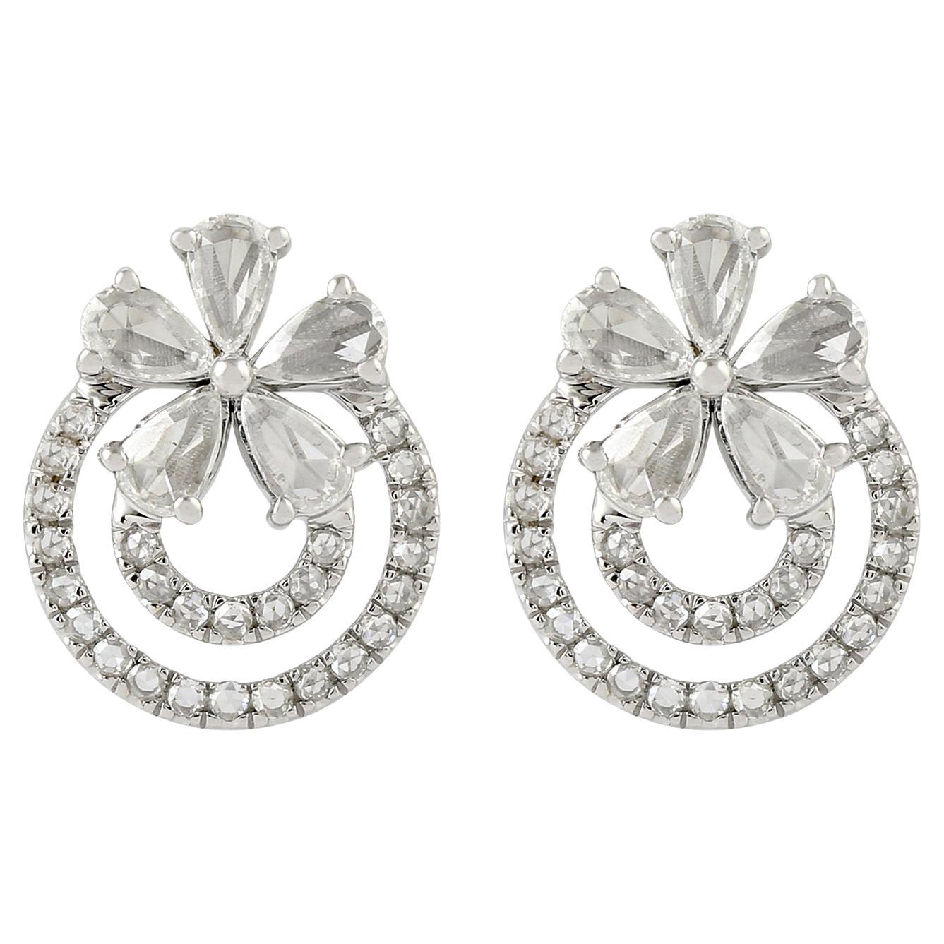 Boucles d'oreilles en or blanc 18 carats, diamants taillés en rose, tourbillons et fleurs