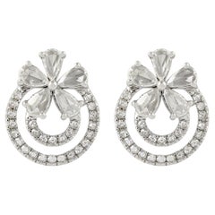 Swirl & Flower Rose Cut Diamonds Stud Earrings Made In 18k White Gold