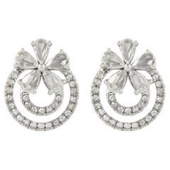 Boucles d'oreilles en or blanc 18 carats, diamants taillés en rose, tourbillons et fleurs