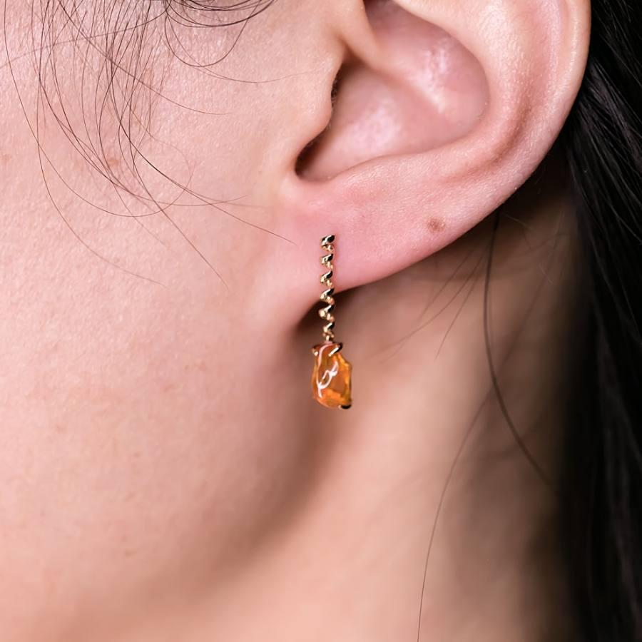 Brilliant Cut Swirl Mexican Fire Opal Drop Earrings in 18K Yellow Gold For Sale