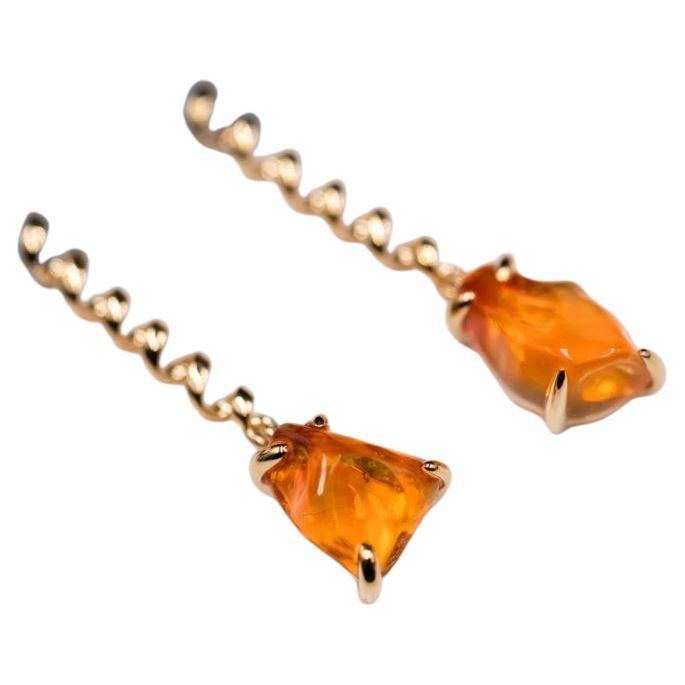 Swirl Mexican Fire Opal Drop Earrings in 18K Yellow Gold For Sale