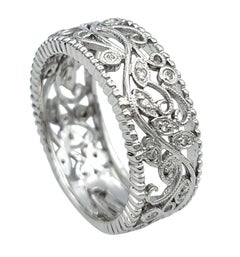 Swirl Motif Cutout Diamond Milgrain Band Ring in 14 Karat White Gold