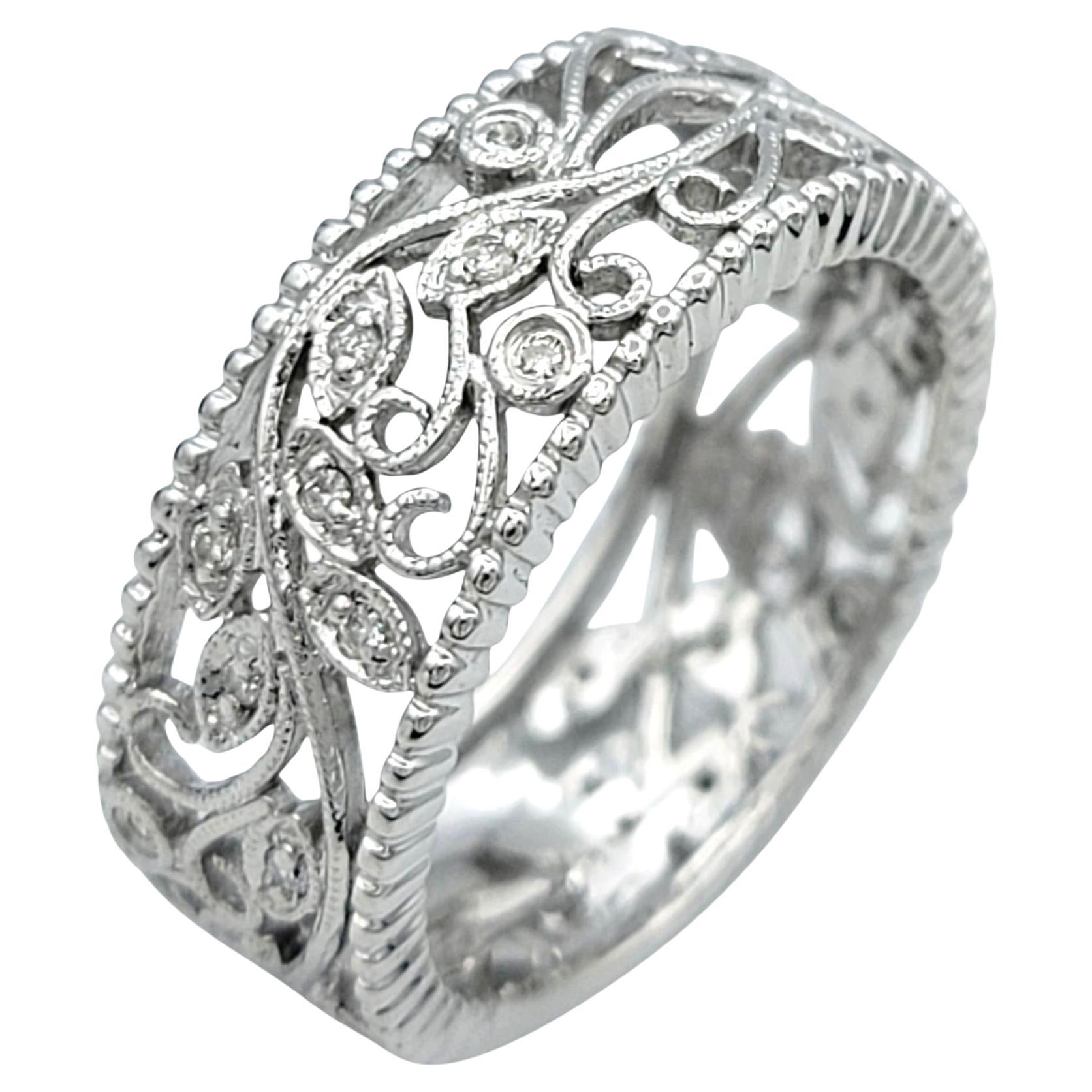 Swirl Motif Cutout Diamond Milgrain Band Ring in 14 Karat White Gold