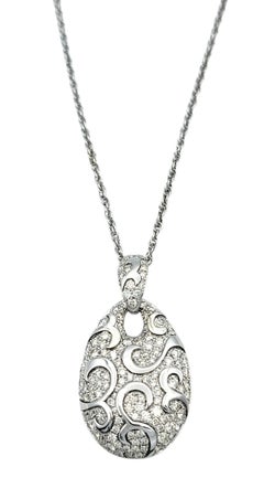 Swirl Motif Pavé Diamond Teardrop Pendant Necklace in 14 Karat White Gold